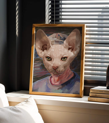 Painted portrait of a sphynx cat wearing a casual cap