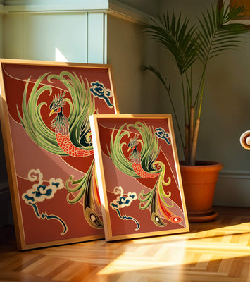 Stylized phoenix illustration with vibrant colors and clouds