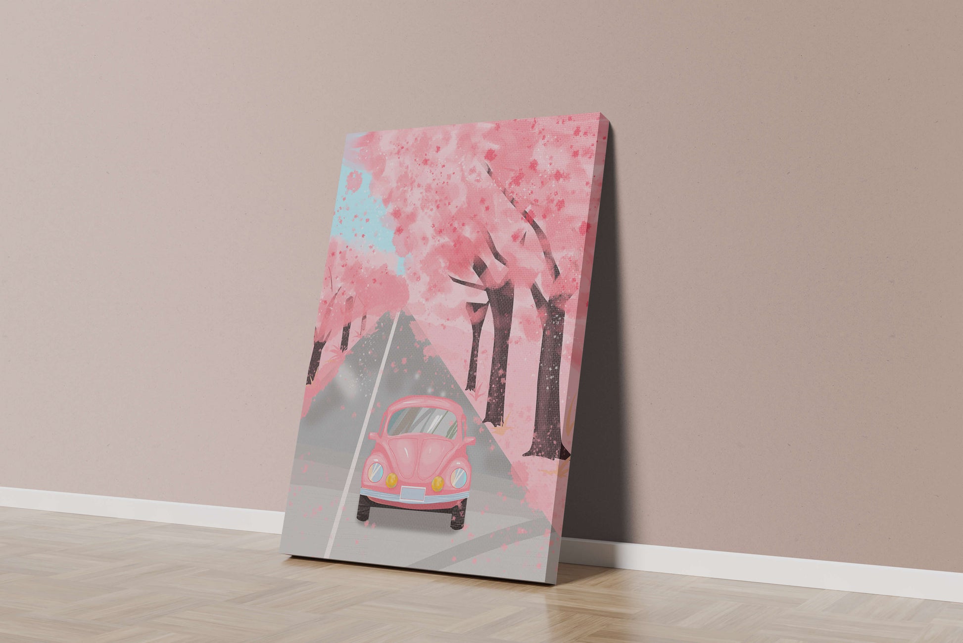 Pink vintage car on a cherry blossom road
