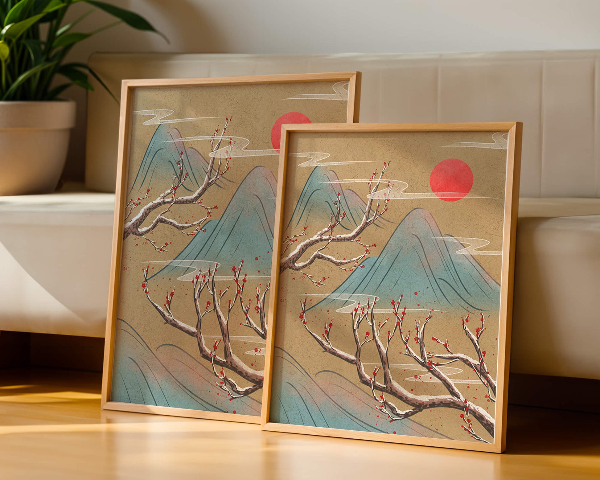 Tranquil landscape with cherry blossom and red sun