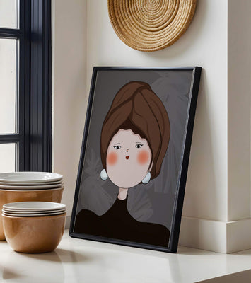 Elegant portrait of a woman with a unique headscarf and expressive features