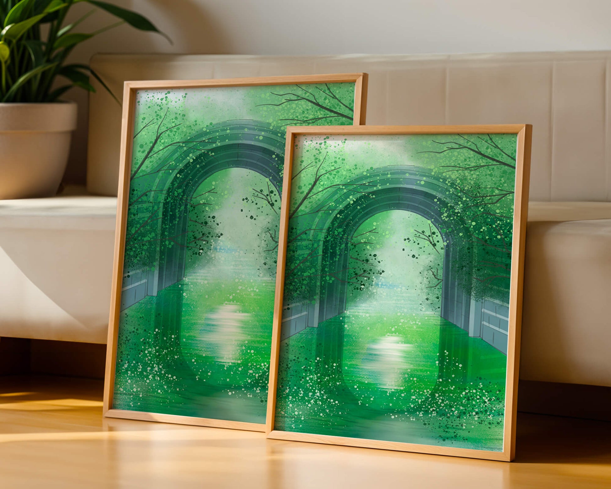 A serene green garden tunnel with reflective water