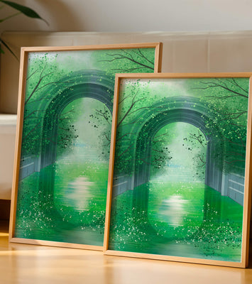 A serene green garden tunnel with reflective water
