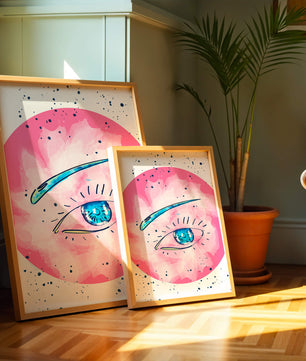Abstract Eye Illustration with Pink Background and Blue Accents - Mi tienda