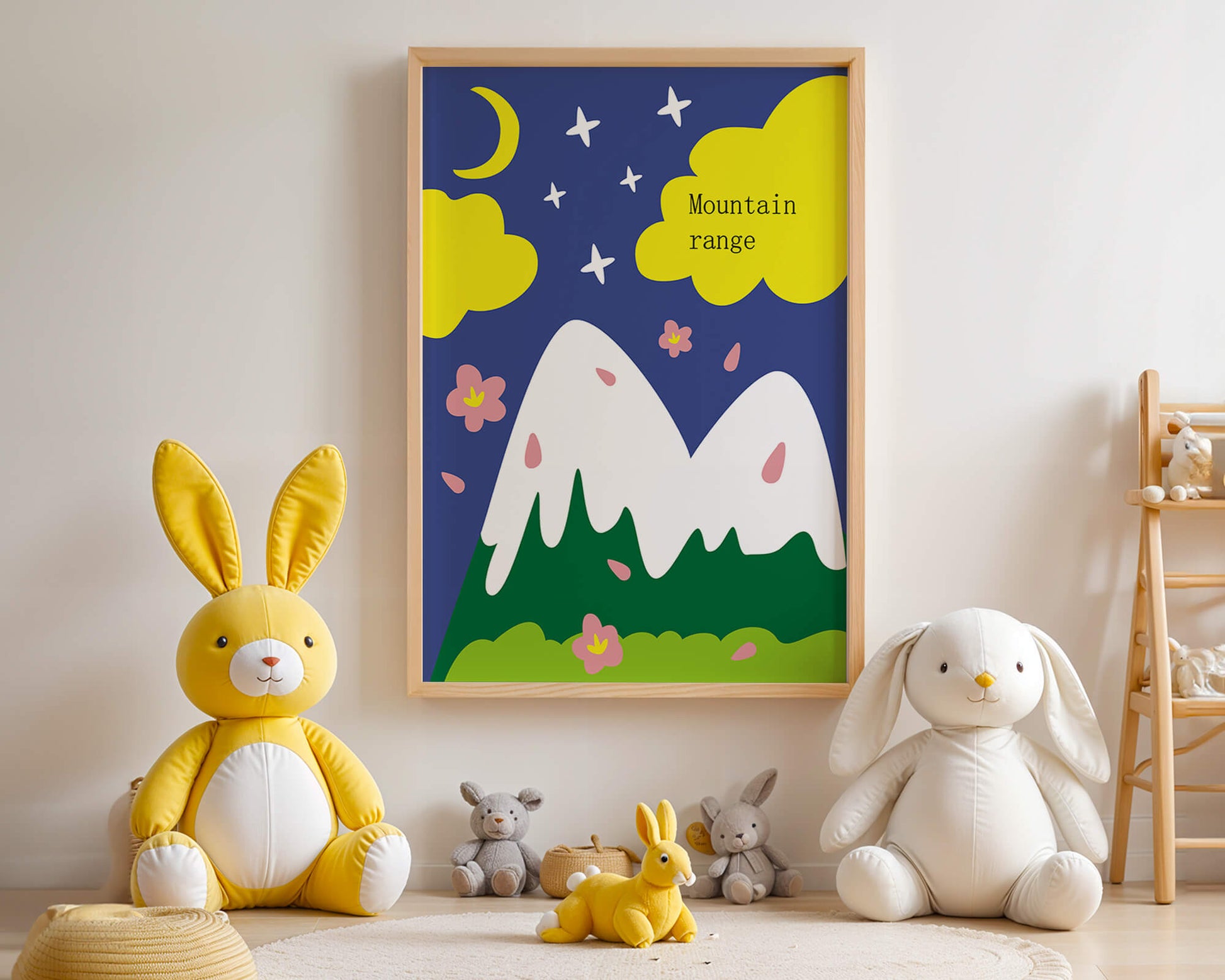 Stylized mountain landscape with starry night background and vibrant clouds