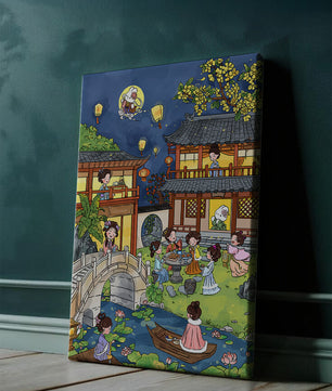 Traditional Chinese Garden Scene with Lanterns and Moon Rabbit