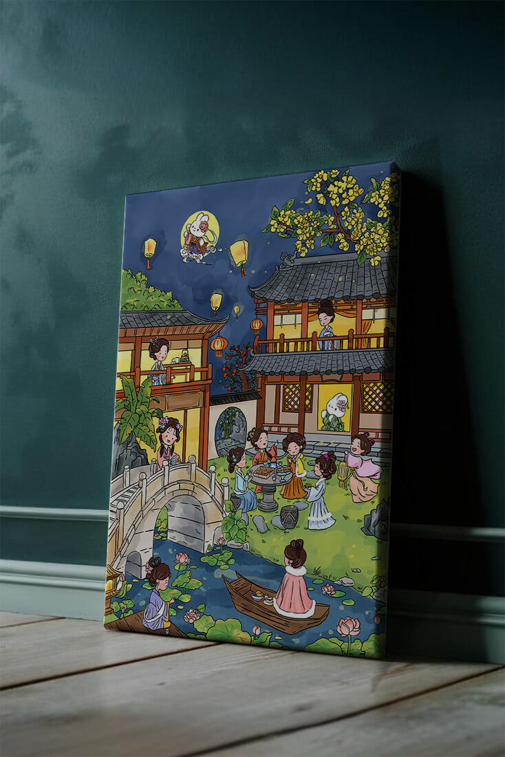 Escena de jardín chino tradicional con linternas y conejo lunar