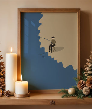 Minimalistic illustration of a person fishing by the sea