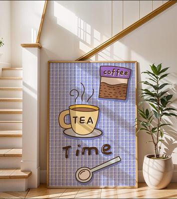 Cozy tea and coffee themed illustration with cup and spoon on plaid background