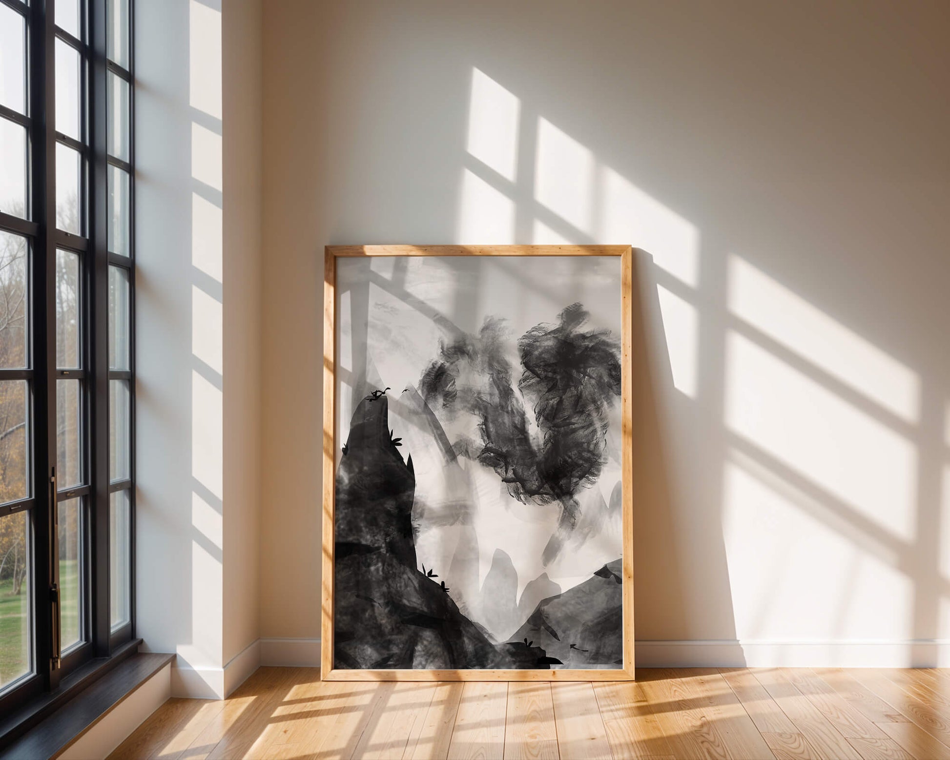 Paisaje monocromático con montañas y nubes abstractas