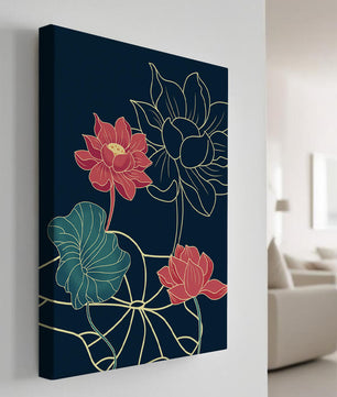 Vibrant Lotus Flowers on Dark Background with Gold Outline