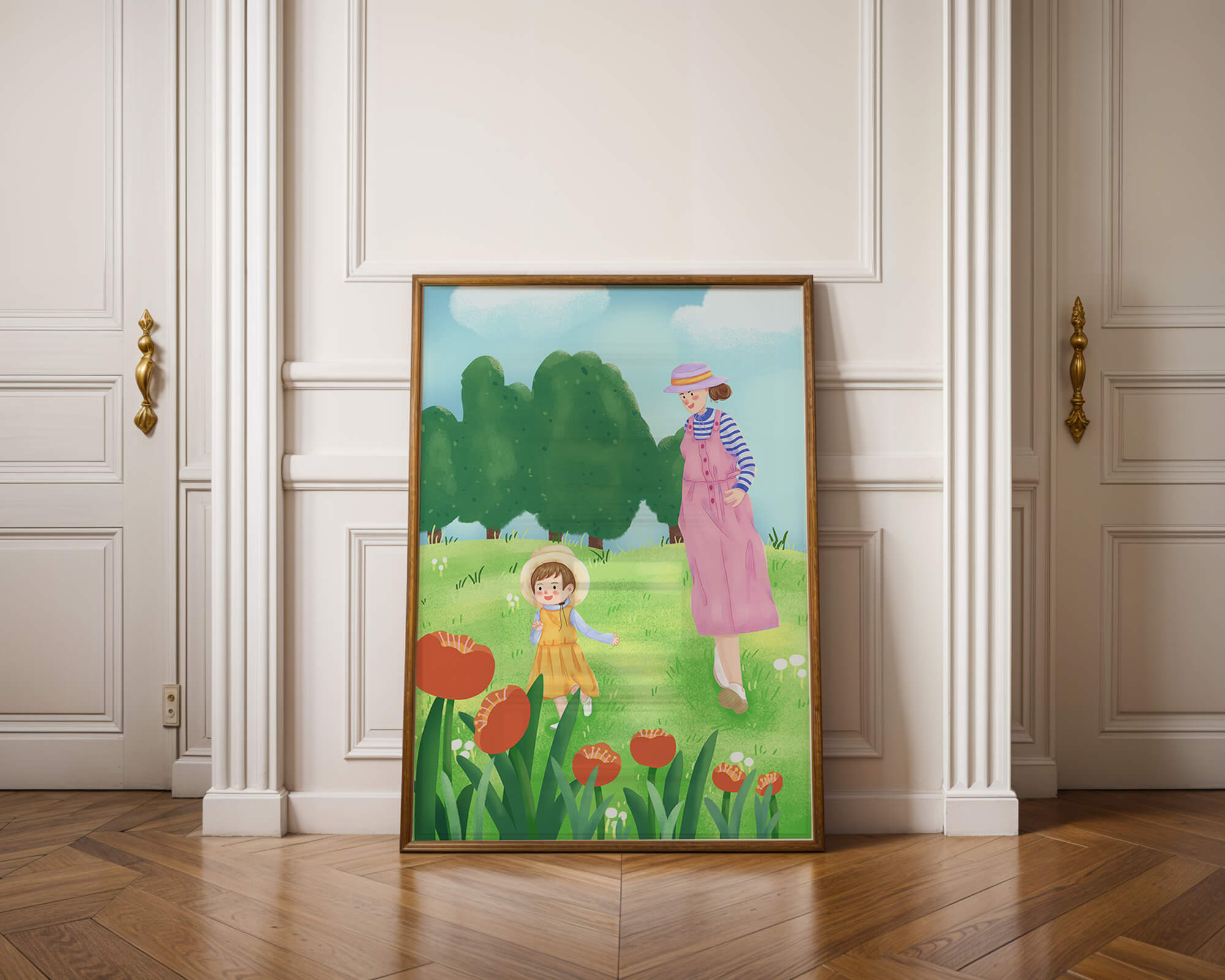 Mother and child in a floral garden under clear skies