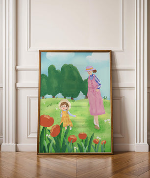 Mother and child in a floral garden under clear skies