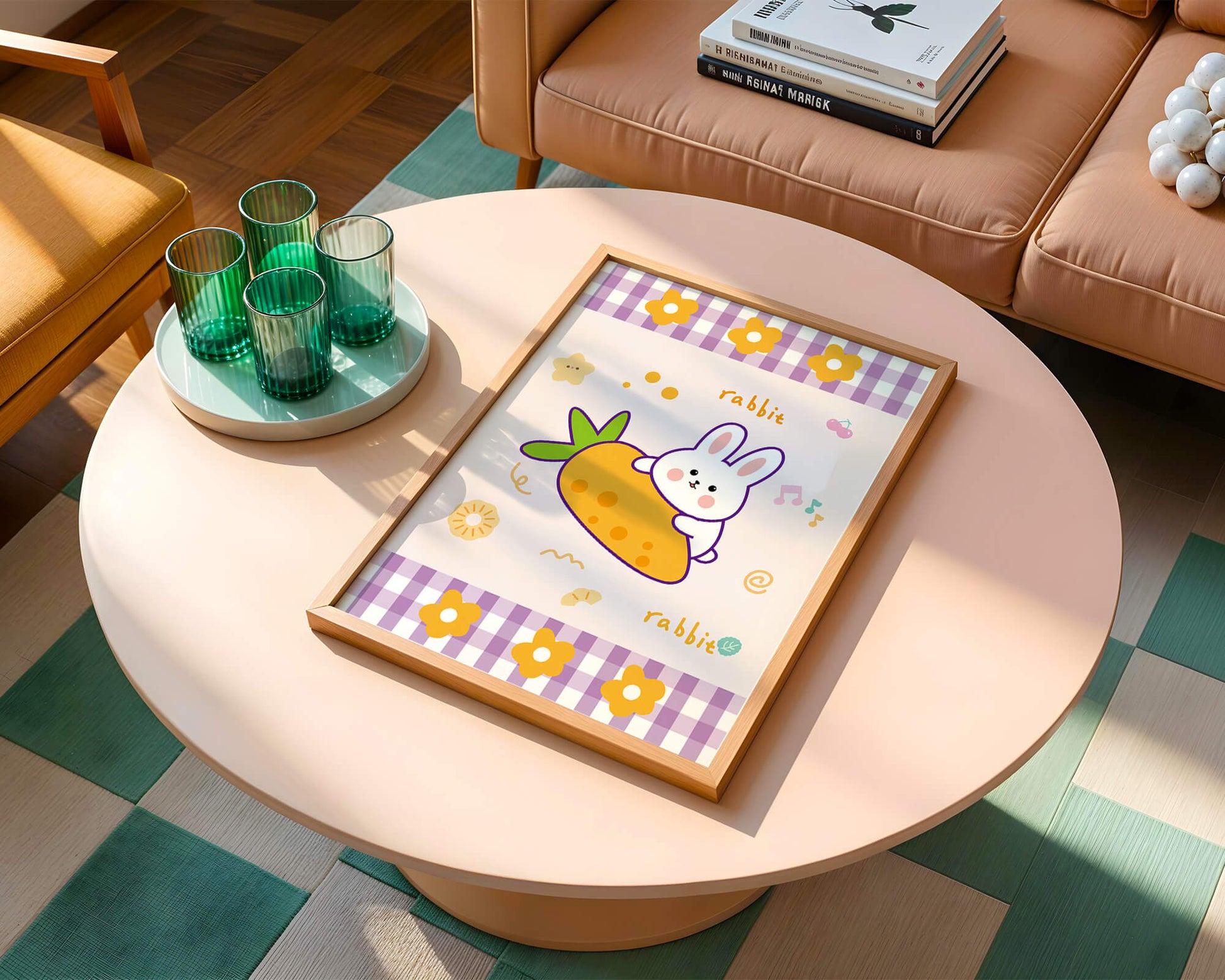 Illustrated cute rabbit with carrot on a colorful background