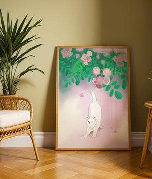 White cat stretching beneath blooming flowers in a pastel garden setting