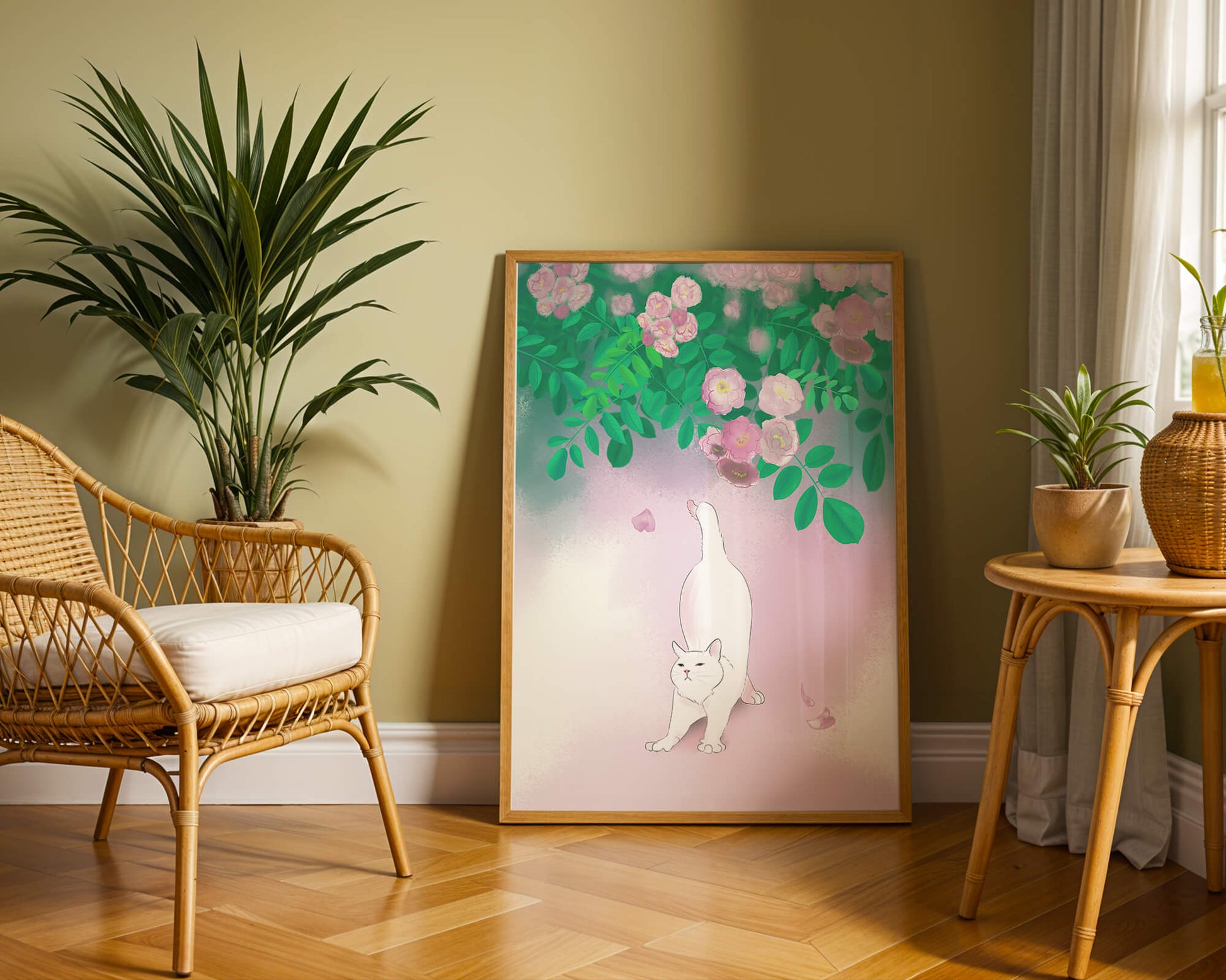 White cat stretching beneath blooming flowers in a pastel garden setting