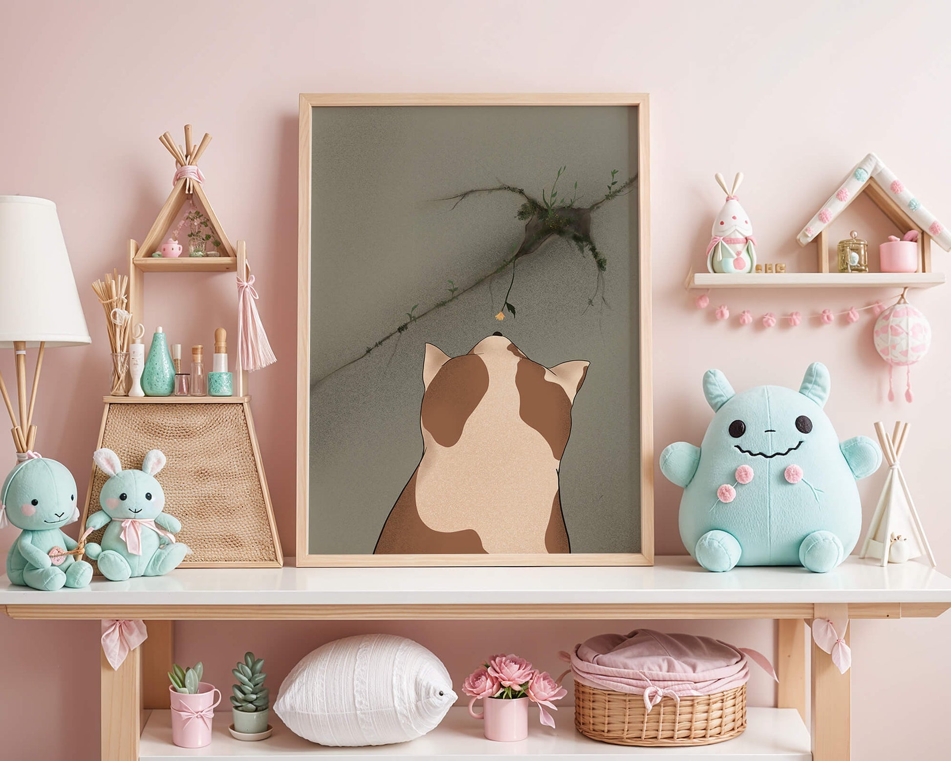 Chat observant une fleur poussant sur un mur fissuré