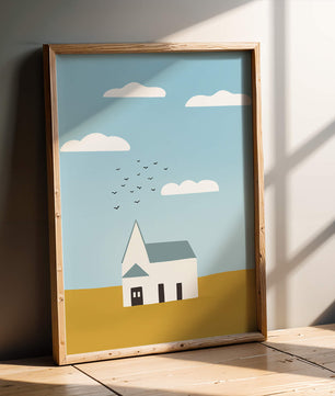 Paisaje minimalista con una casa blanca y cielo