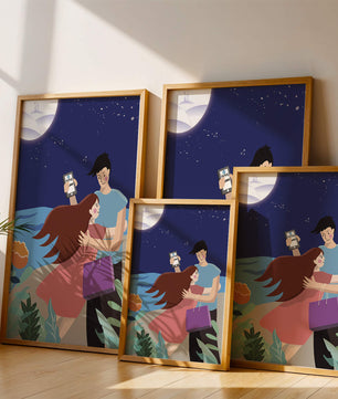 Pareja romántica abrazándose bajo una noche iluminada por la luna