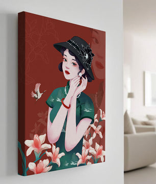 Elegant woman in vintage attire with floral hat and lilies