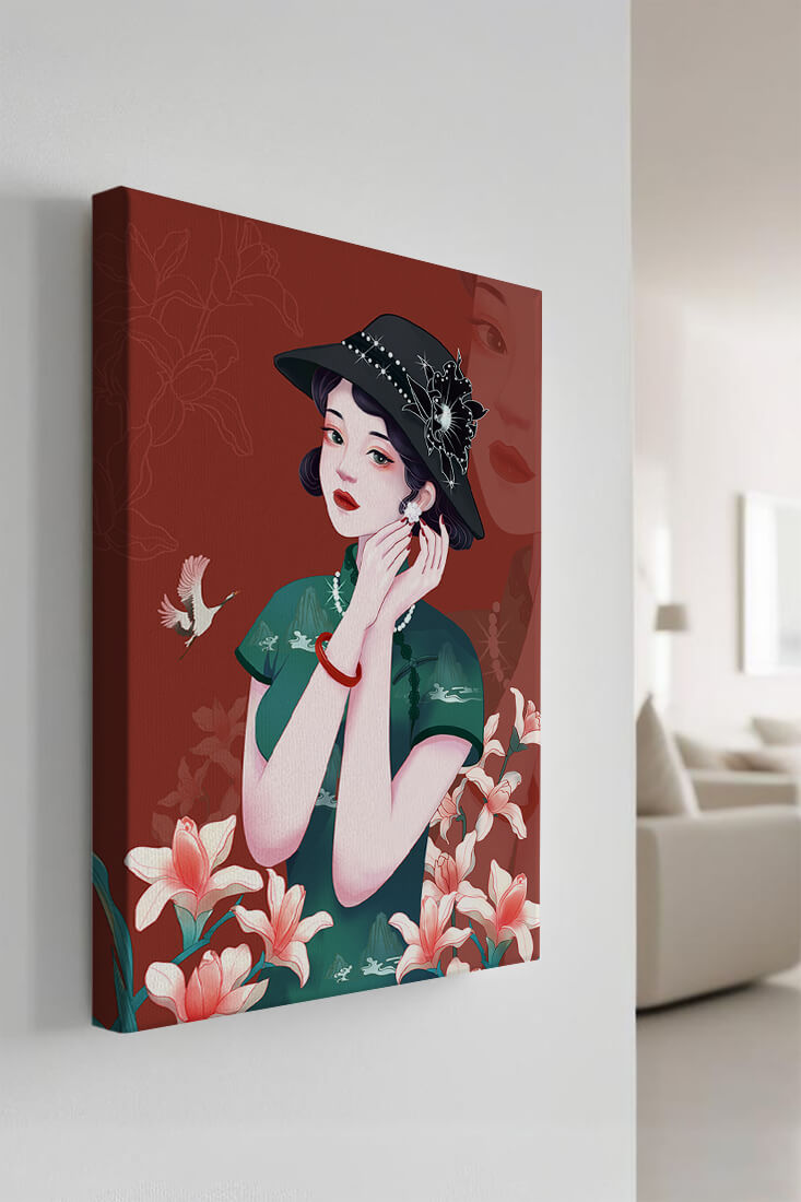 Elegant woman in vintage attire with floral hat and lilies