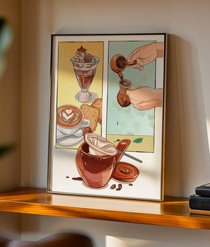 Ilustración artística de café y postre con detalles dorados
