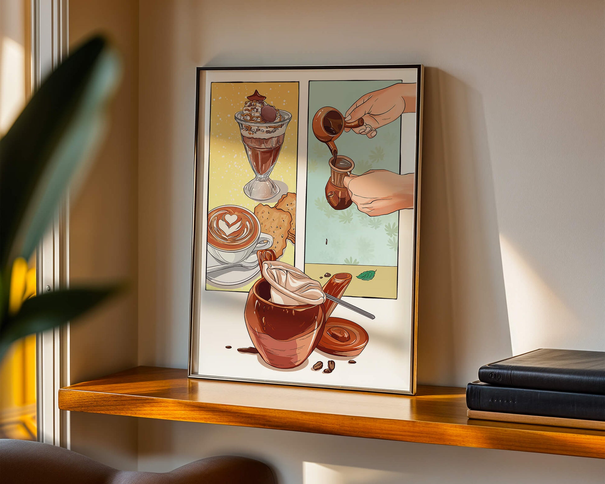 Ilustración artística de café y postre con detalles dorados