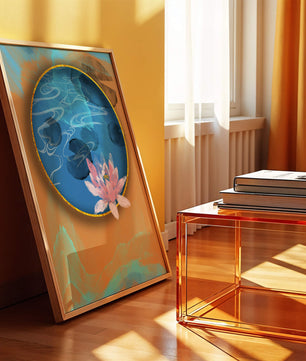 Abstrakte Seerosenkunst mit goldenen Akzenten auf blauem und orangefarbenem Hintergrund