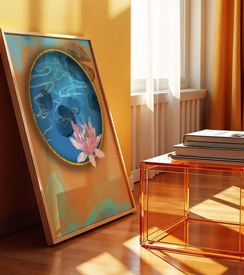 Abstract water lily art with gold accents on blue and orange background