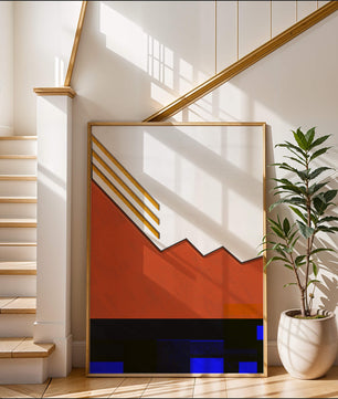 Abstrakte geometrische Komposition mit goldenen Akzenten und kräftigen Farben