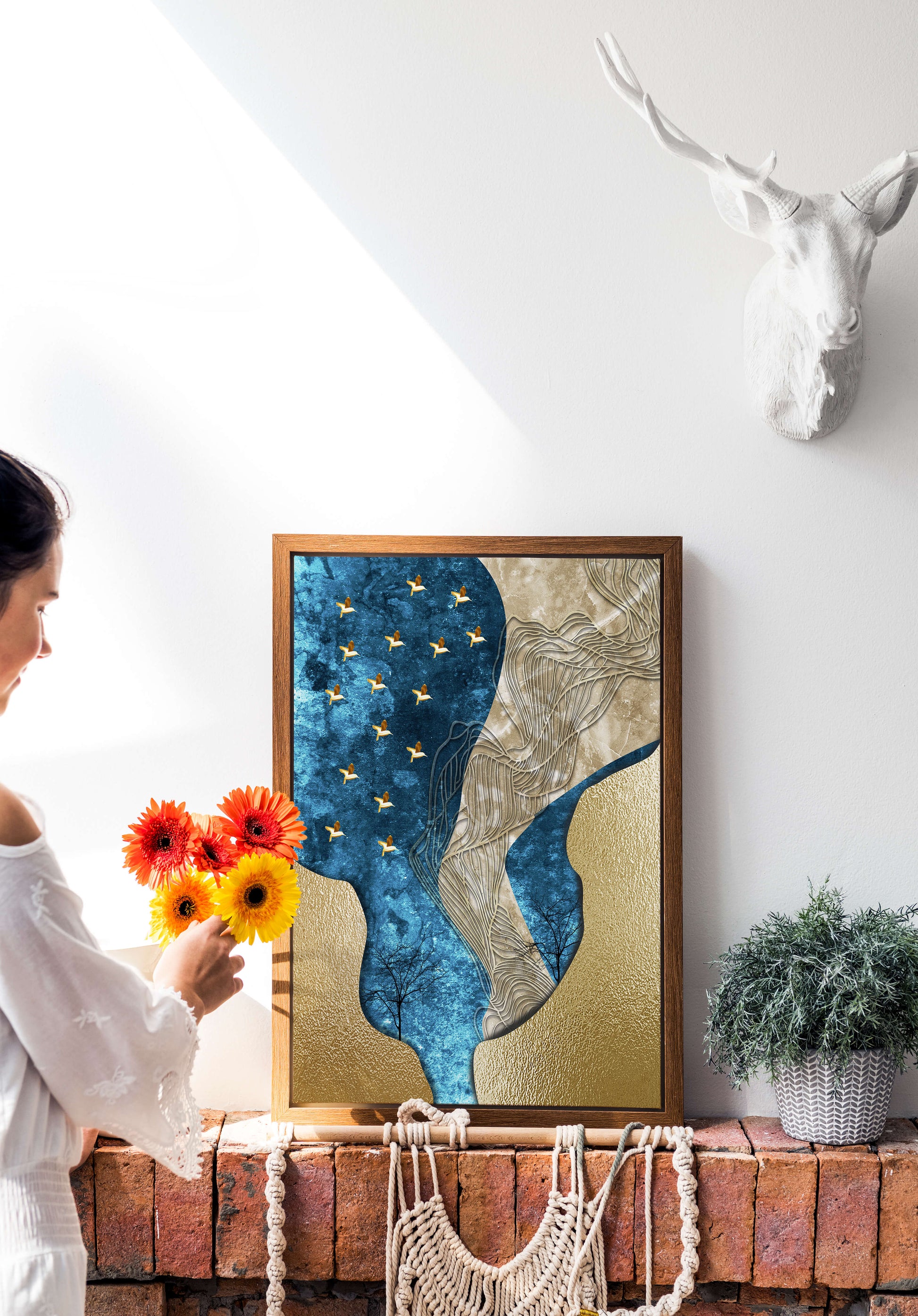 Abstract Textured Landscape with Gold and Blue Elements