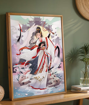 Elegant Asian Artistry with a Crane and Traditional Attire