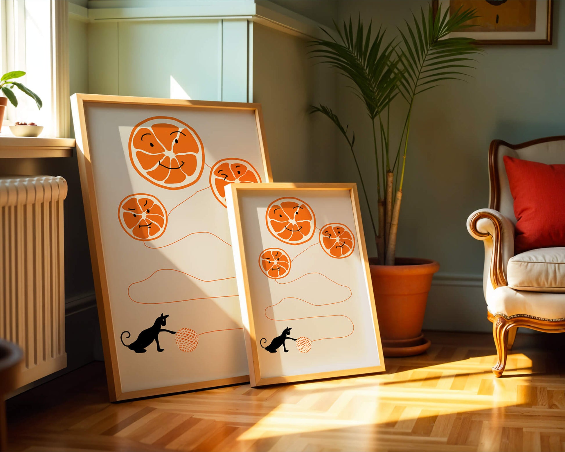 Playful illustration of oranges with cat and yarn
