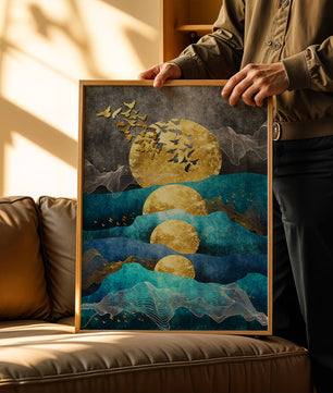 Abstract Landscape with Golden Sun and Flying Birds