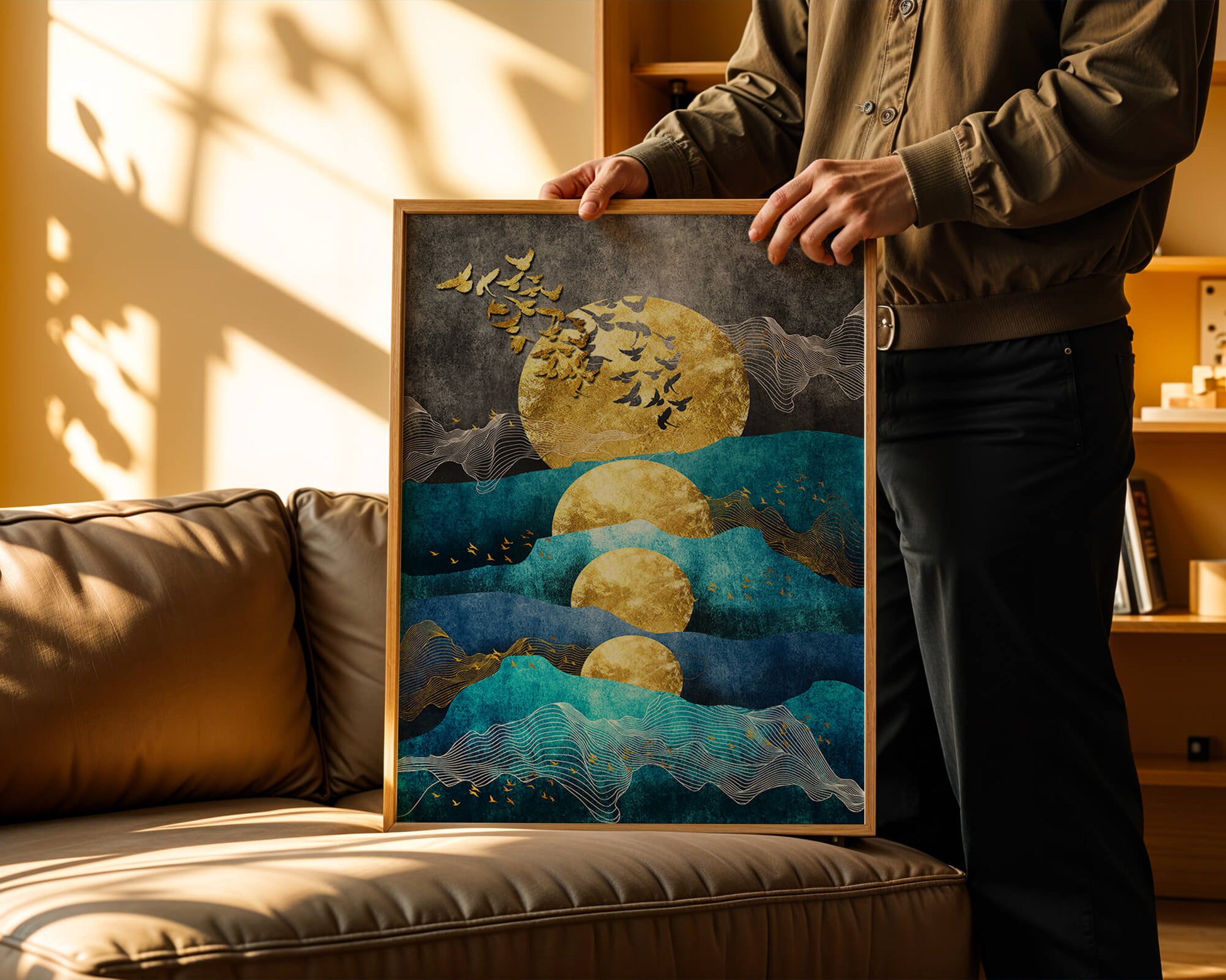 Abstract Landscape with Golden Sun and Flying Birds