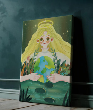 Illustration de la nature paisible avec une figure céleste tenant la Terre