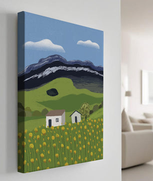 Sunny Landscape with Green Fields and Mountains