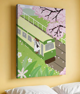 Escena de cerezos en flor y tren en un paisaje primaveral