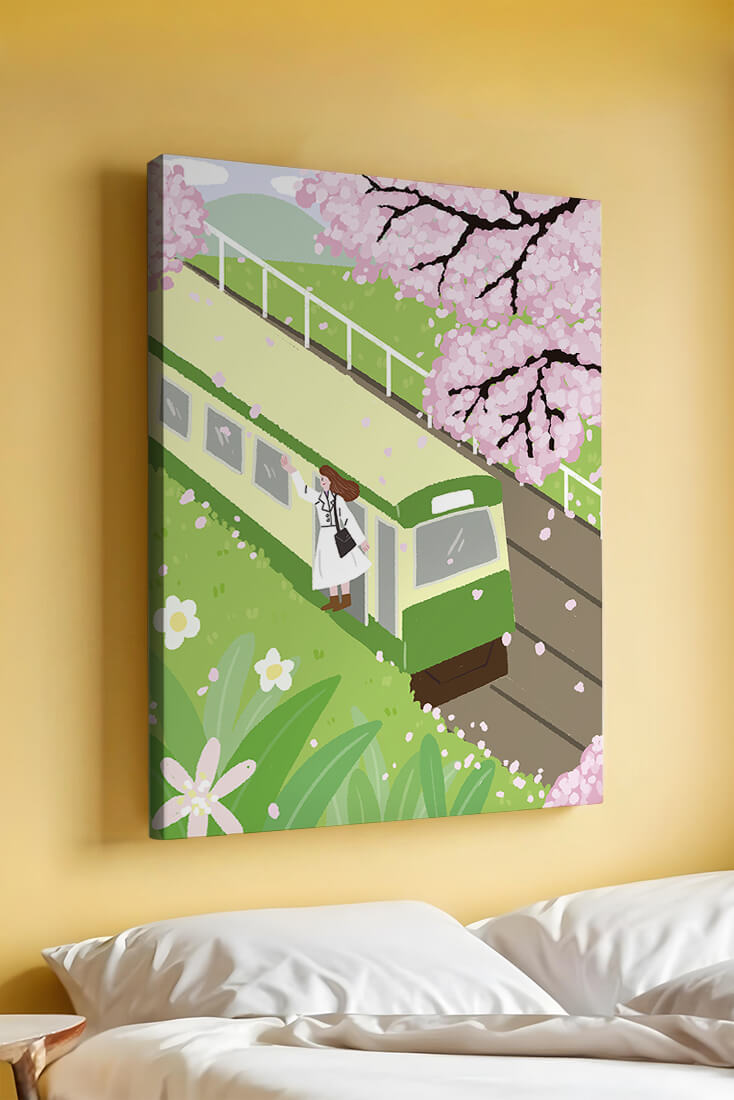 Cherry Blossoms and Train Scene in Spring Landscape