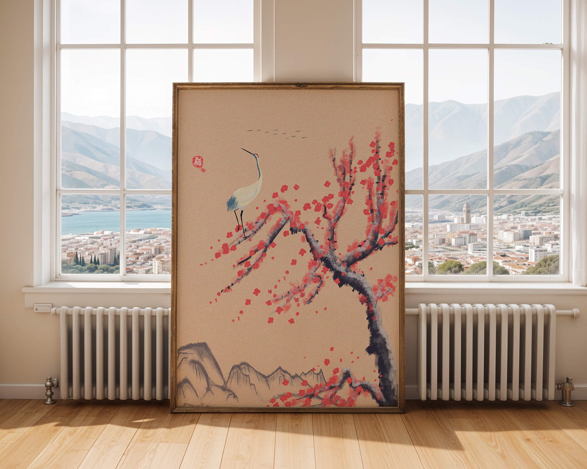 Elegant crane on cherry blossom tree with mountainous background