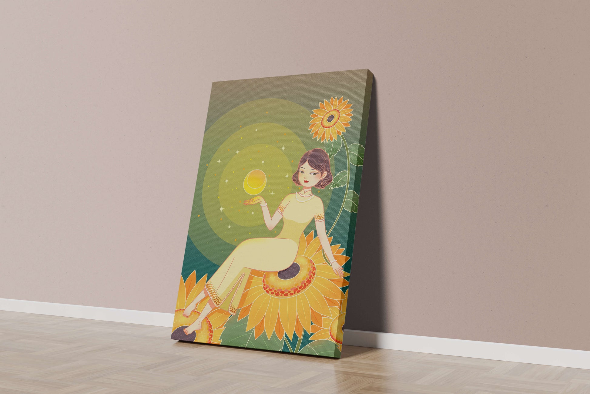 Elegant woman sitting on sunflowers in a celestial scene