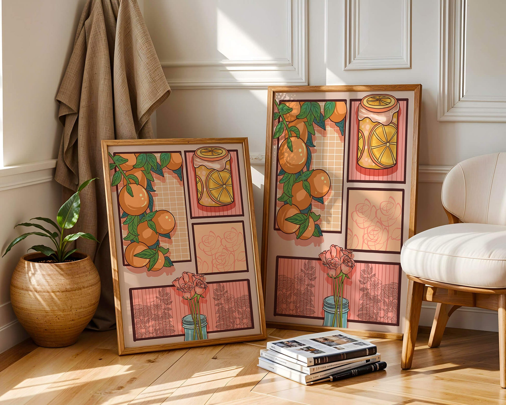 Composición artística con naranjas, frasco de rodajas de limón y rosas sobre fondo geométrico