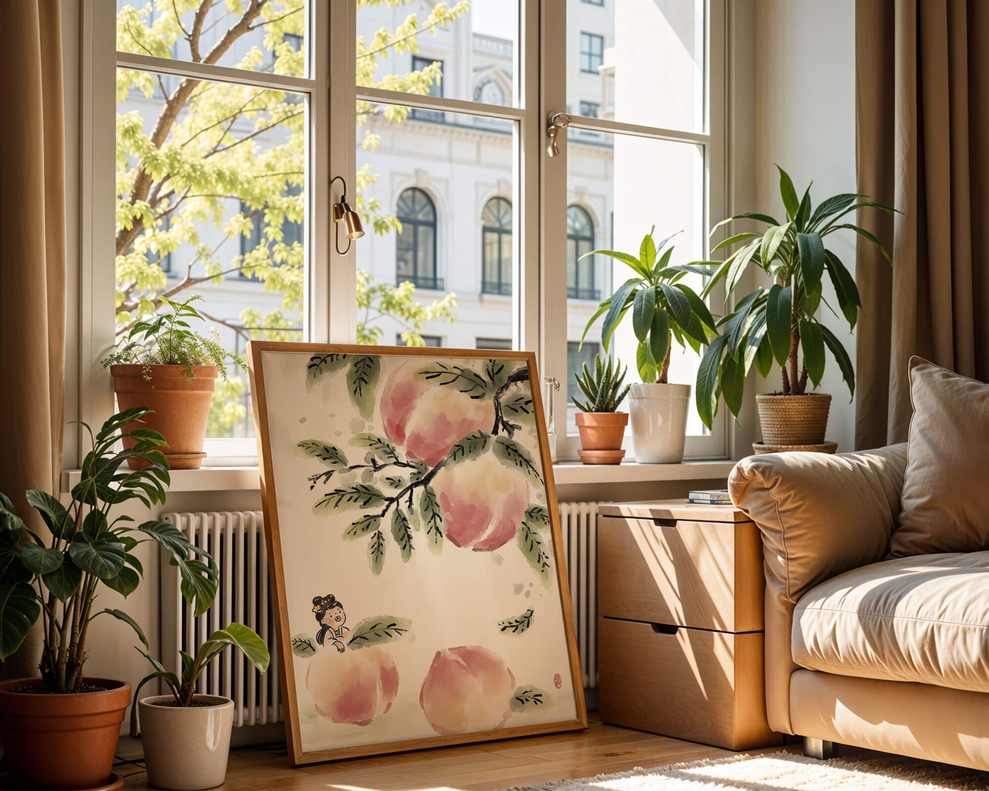 Encantadora ilustración de una chica entre flores de melocotón y hojas verdes