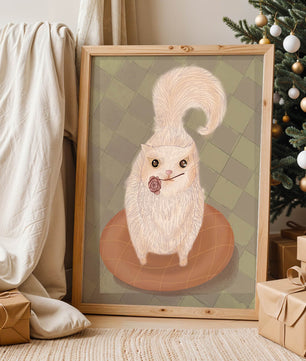 Illustration of fluffy cat with rose on a cushion