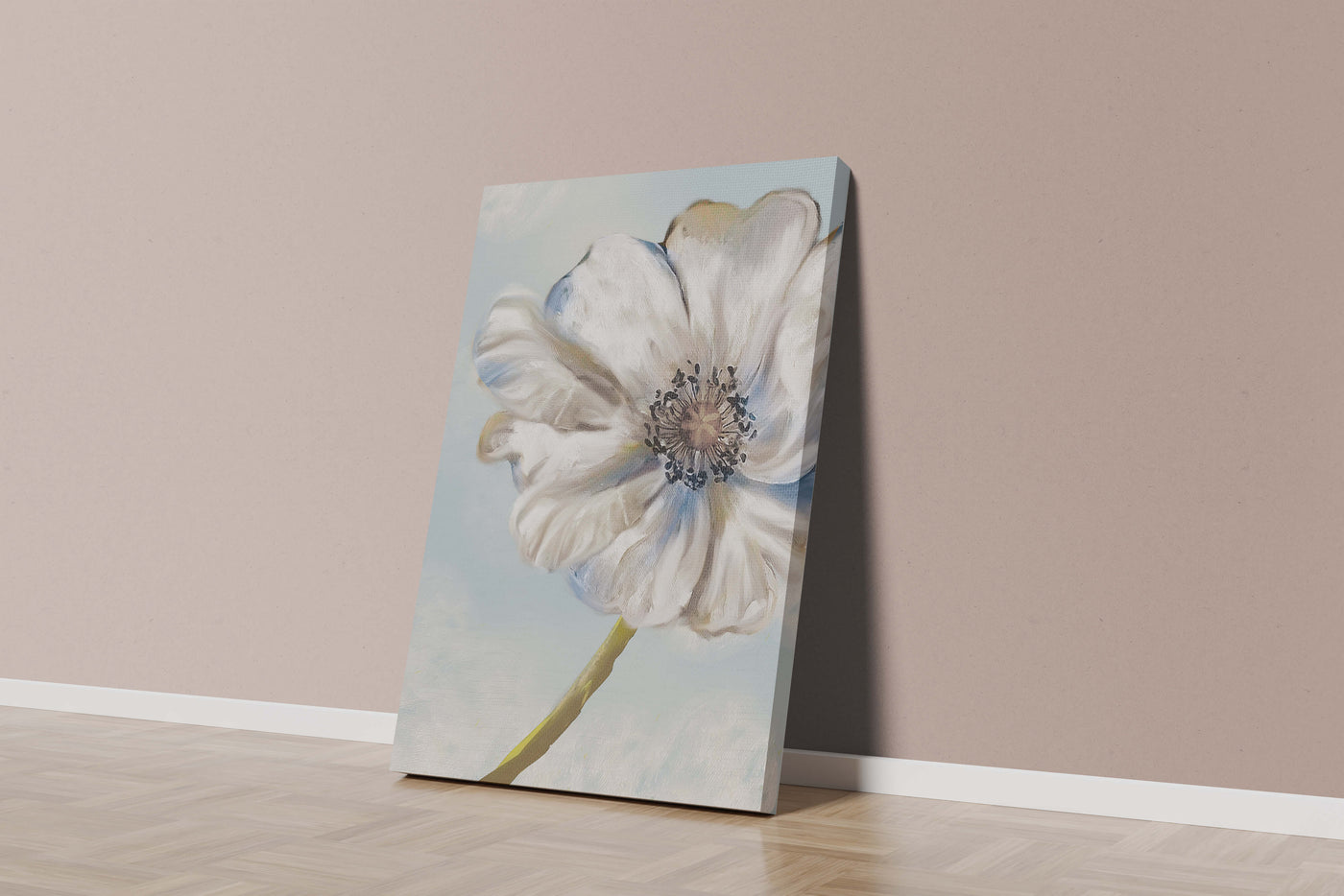 Captivating white flower art with blue hues on a pastel background