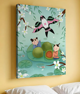 Children Playing on Lotus Leaves with Kite and Cherry Blossoms