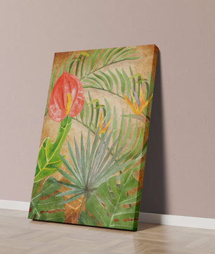 Colorful botanical illustration with tropical leaves on textured background
