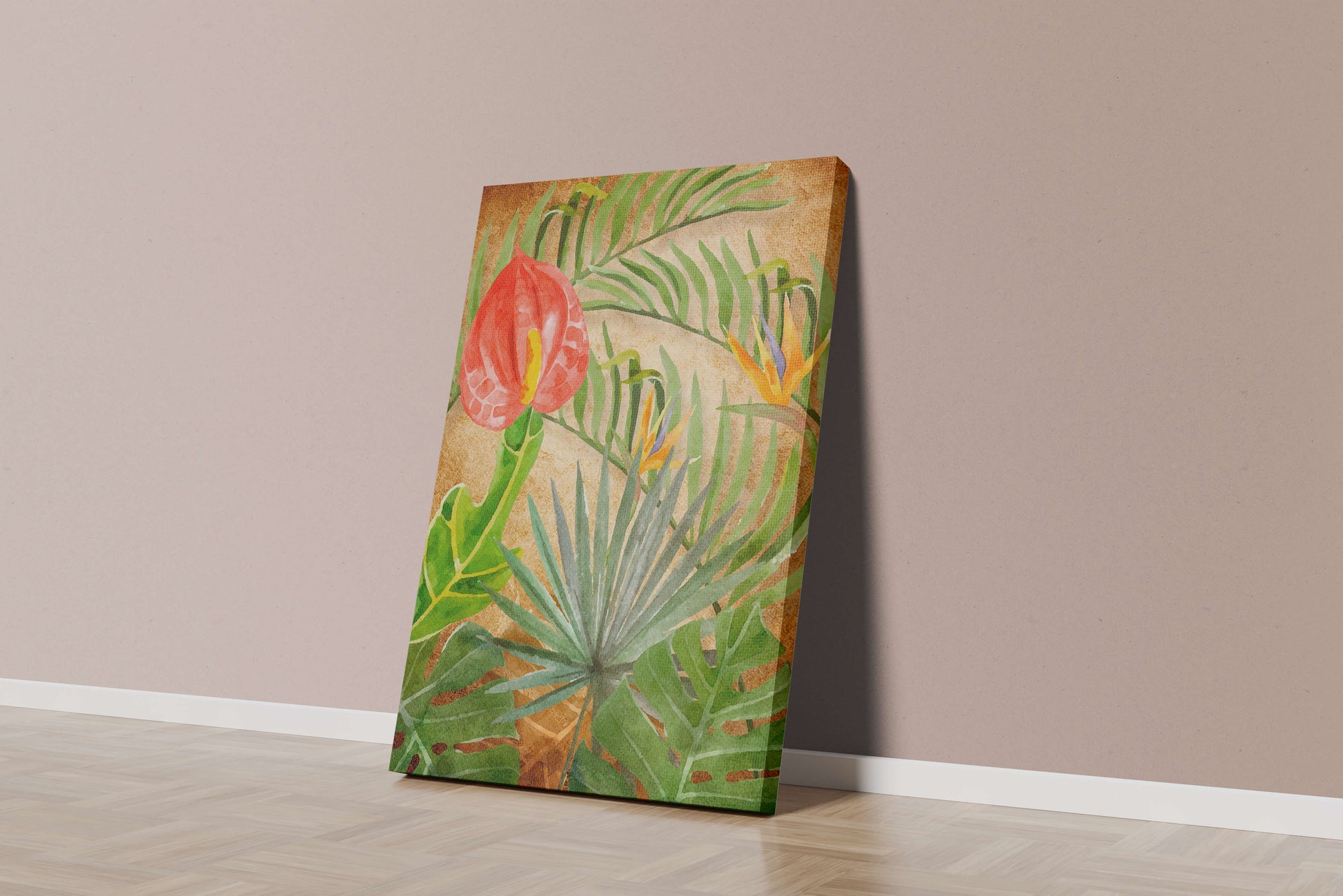 Colorful botanical illustration with tropical leaves on textured background