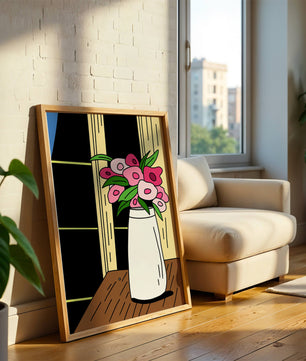 Abstract illustration of flowers in a vase on a wooden table