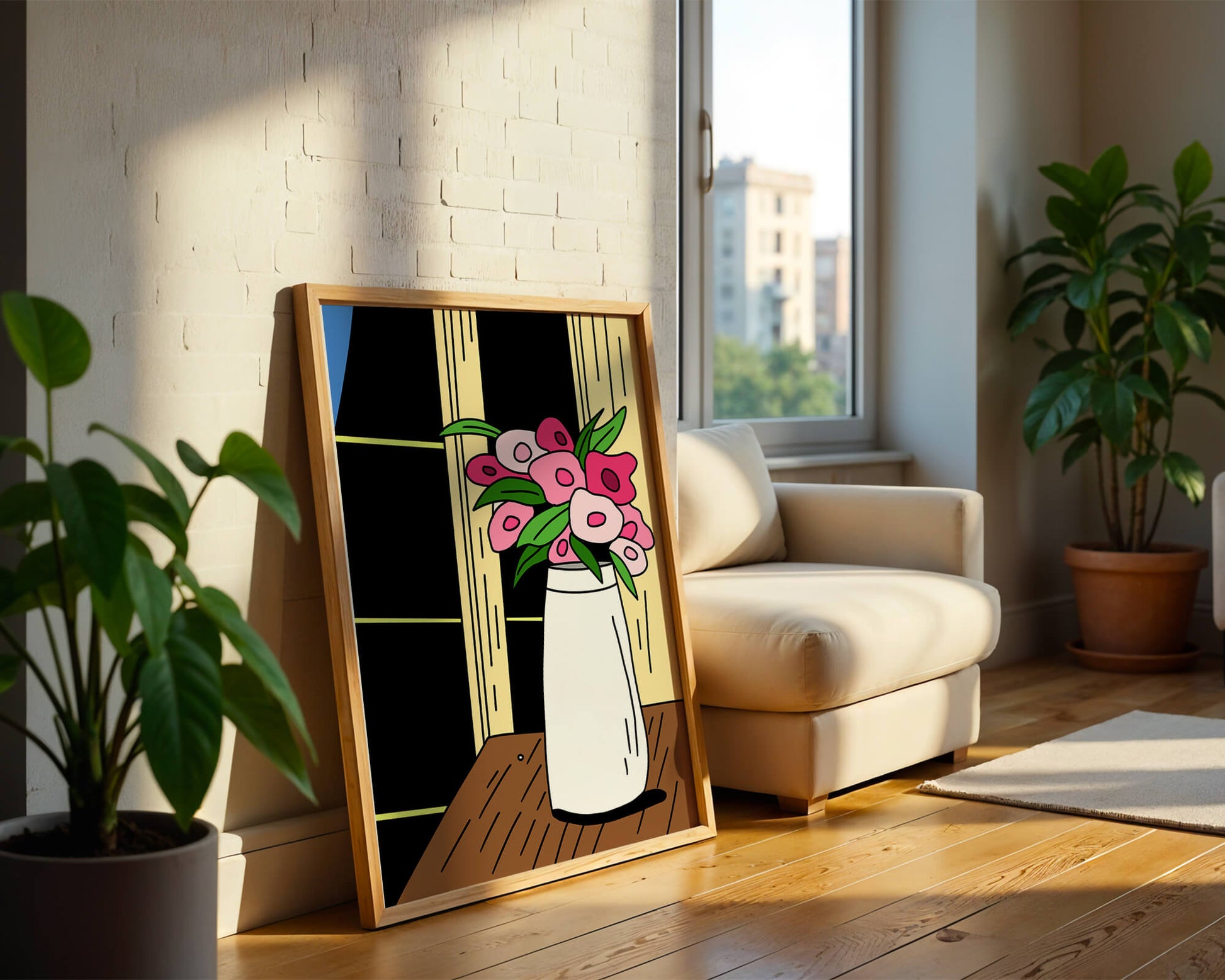 Abstract illustration of flowers in a vase on a wooden table